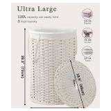 SETVSON Large Laundry Hamper Laundry Basket Round 34.3 Gal (130 L) Handwoven Wicker Laundry Baskets Rattan Laundry Basket with Laundry Bag Handles 2 Mesh Bags for Living Room Bedroom White