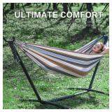 PNAEUT Double Hammocks with Stand for Outside, Portable Space Saving Heavy-Duty Steel Frame for Indoor Outdoor Patio Yard, Easy Assembly, 2 Person 450 lbs Capacity (Coffee)