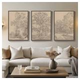 $150 2 PCS!! Large Vintage Framed Neutral Landscape Wall Art for Living Rooms, 2 Piece Retro Big Tree Sketch Botanical Forest Antique Canvas Artwork Set, Rustic Nature Wabi Sabi Art Prints for Hallway