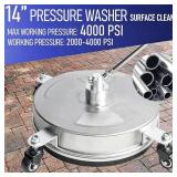 Hourleey 14' Pressure Washer Surface Cleaner, Stainless Steel Surface Cleaner with 4 Wheels for Concrete, Patio, Sidewalk, Deck, Pathway 1/4' Quick Connector, 2 Extension Wand, 4000 PSI