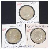 3) 40% silver Kennedy half dollars: 1965, 1966, 1967