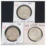 3) 40% silver Kennedy half dollars: 1965, 1966, 1967