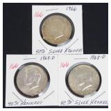 3) 40% silver Kennedy half dollars: 1966, 1968-D, 1969-D