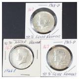 3) 40% silver Kennedy half dollars: 1966, 1968-D, 1969-D