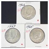 3) 40% silver Kennedy half dollars: 1965, 1966, 1967