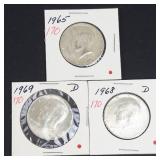 3) 40% silver Kennedy half dollars: 1965, 1968-D, 1969-D