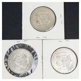 3) 40% silver Kennedy half dollars: 1965, 1968-D, 1969-D