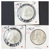 3) 40% silver Kennedy half dollars: 1967, 1968-D, 1969-D