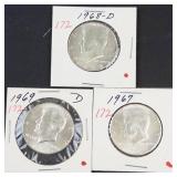 3) 40% silver Kennedy half dollars: 1967, 1968-D, 1969-D