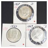 3) 40% silver Kennedy half dollars: 1967, 1968-D, 1969-D