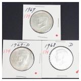 3) 40% silver Kennedy half dollars: 1967, 1968-D, 1969-D