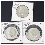 3) 40% silver Kennedy half dollars: 1967, 1968-D, 1969-D