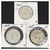 3) 40% silver Kennedy half dollars: 1967, 1968-D, 1969-D