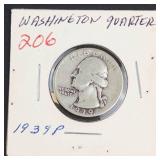 1939 Washington silver quarter