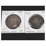 one hundred years of silver dollars: 1896 and 1996 silver dollars, toned.  1996 key date!