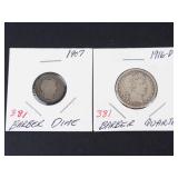 1916-D Barber quarter, 1907 Barber dime