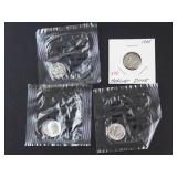 3 Littleton packaged silver dimes: 1942, 1963-D, 1963-D plus1945 Mercury dime