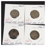 1944-P, 1944-P, 1944-D, 1944-D silver war nickels