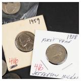 1 bag of mixed date Jefferson nickels:  first year 1938, and 2 in Littleton packaging