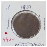 1839 US Large cent marked Booby Head