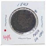 1843 US Large cent marked petite small letters