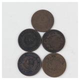 1 bag of 5 low grade 2 cent pieces