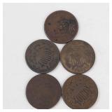 1 bag of 5 low grade 2 cent pieces