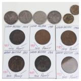 11) different Great Britian coppers: 1916 thru 1946 plus 1951 5 Shilling and 9 others