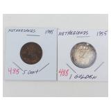 Netherlands 1955 1 Gulden silver plus 1948 5 cent