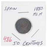 Spain 1880 50 centimos silver