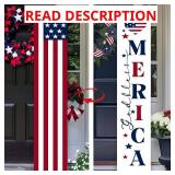 Two Sided Patriotic Porch Sign, 47.2' Wooden 4th of July Front Door Decor, 250th Independence Day Long Vertical Red White Blue USA Flag God Bless America Home Outdoor Yard Decorations