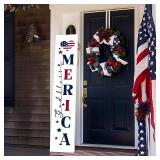 Two Sided Patriotic Porch Sign, 47.2' Wooden 4th of July Front Door Decor, 250th Independence Day Long Vertical Red White Blue USA Flag God Bless America Home Outdoor Yard Decorations