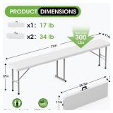 HLPB Folding Bench 6 ft, Foldable Plastic Bench with Handle and Smooth HDPE Tabletop, Protable in/Outdoor Picnic Party Camping Dining Seat, 2 Pack, White