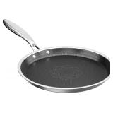 COOKER KING 11' Round Griddle Pan, 3-Ply Hybrid Stainless Steel Crepe Pan with Stay-Cool Handle, Non Stick & Non Toxic for Pancake, Eggs, All Stovetop & Induction Compatible, Oven & Dishwasher Safe