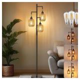 ROTTOGOON Dimmable Boho Floor Lamp - 3 Light Farmhouse Rattan Floor Lamp for Living Room, Industrial Tree Floor Lamps with 3 X 6W LED Bulbs, Rustic Standing Tall Lamp for Bedroom, Office, 68', Black