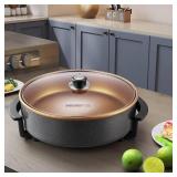 14' Large Electric Skillet with lid, Ceramic Nonstick Coating Electric Frying Pan, 1500W Quick & Even Heating, 5 Adjustable Temperature Control, Tempered Glass Lid & Cool-Touch Handles