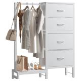 3 TIER!!! Dresser with Hanging Rack, White Fabric Dresser for Bedroom, Closet Organizer with Clothes Rack, Shoe Rack & Hooks, Tall Storage Tower for Small Spaces, Apartment, Dorm, Entryway