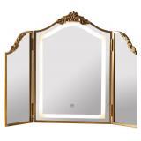$178 HSDDHOME Antique Gold Triple Fold Makeup Mirror with Tri-Color LED Lighting & Dimming, Baroque Carved Arch Vintage Vanity Mirror, Bohemian Decor for Bedroom/Dressing Room, 31x23 Inch