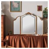 $178 HSDDHOME Antique Gold Triple Fold Makeup Mirror with Tri-Color LED Lighting & Dimming, Baroque Carved Arch Vintage Vanity Mirror, Bohemian Decor for Bedroom/Dressing Room, 31x23 Inch