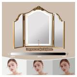$178 HSDDHOME Antique Gold Triple Fold Makeup Mirror with Tri-Color LED Lighting & Dimming, Baroque Carved Arch Vintage Vanity Mirror, Bohemian Decor for Bedroom/Dressing Room, 31x23 Inch