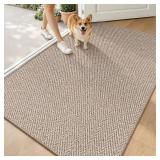 LUMI Ultra Thin Indoor Door Mat for Entrance 48'x72', Non Slip Entryway Mat, Low Profile Doormat, Unique Herringbone Design Carpet for Inside, Patio, Porch, Deep Beige