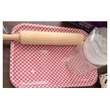 Checkered & Black Pans, Jar & Rolling pin.