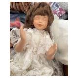 Lot of 2 Porcelain Sleeping Dolls and Doll Pillow