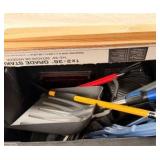 Various shoveles, Window Cleaners & ground stake plus bin.