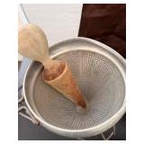 Vintage Aluminum Cone Colander Strainer with Stand & Wooden Pestle