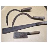 Vintage Hand Tools including Sickle, Cleaver, and Machete