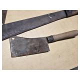Vintage Hand Tools including Sickle, Cleaver, and Machete