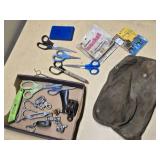 Assorted Hand Tools and Hardware including Scissors, Carabiners, and Decorative Rings