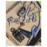 Assorted Hand Tools and Hardware including Scissors, Carabiners, and Decorative Rings