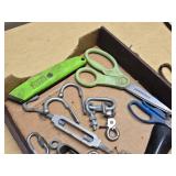 Assorted Hand Tools and Hardware including Scissors, Carabiners, and Decorative Rings